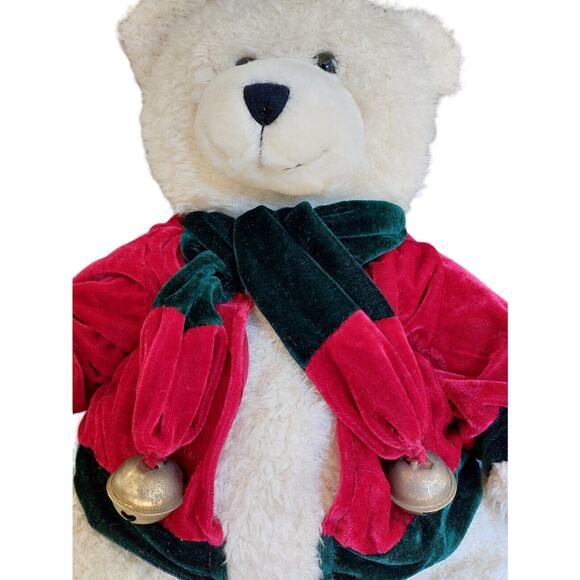 A Mart Plush White Teddy Bear Red Velvet Jacket Scarf Bell Holiday Decor Toy - Picture 4 of 9
